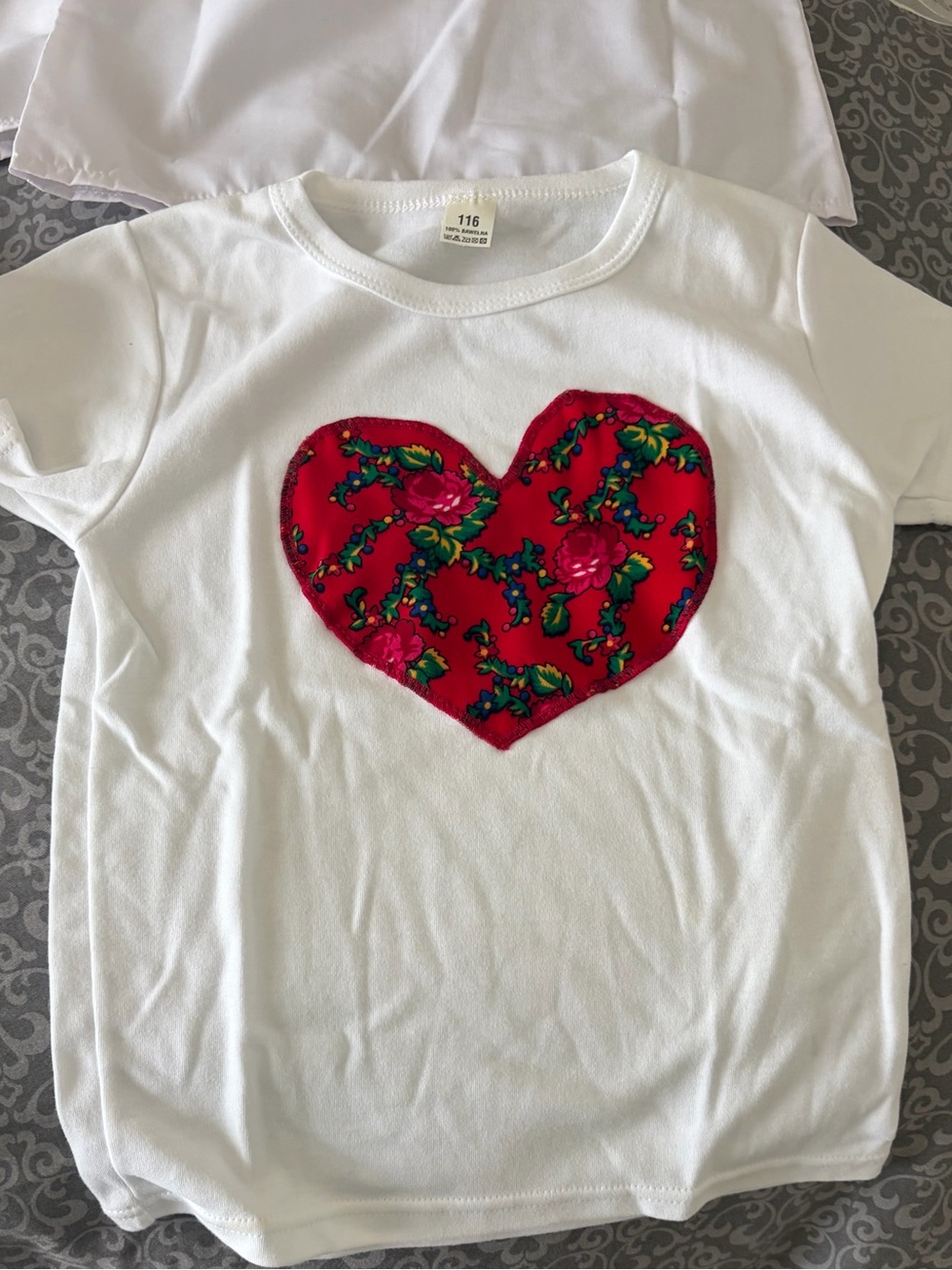 White Short-Sleeve Tee with Red Floral Heart Appliqué